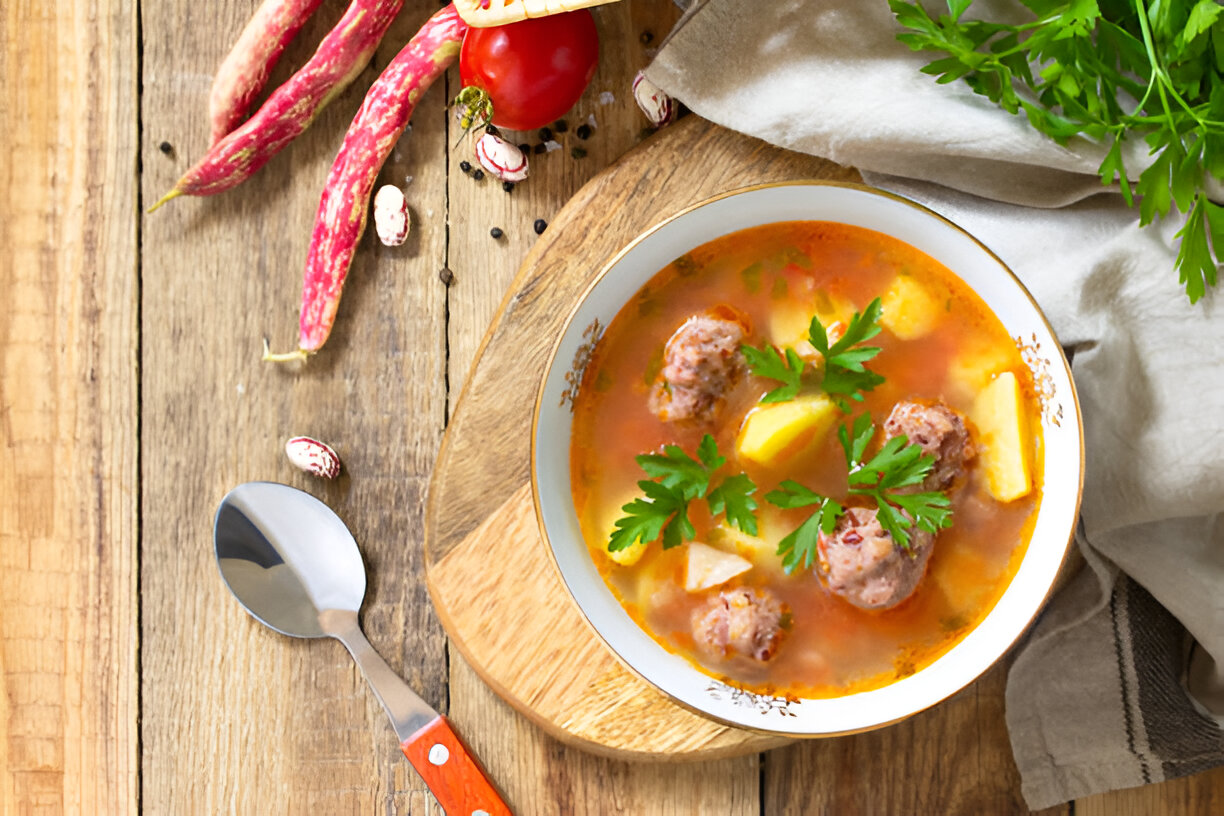 A bowl of meatball soup garnished with fresh parsley, surrounded by vegetables and a spoon on a wooden table.