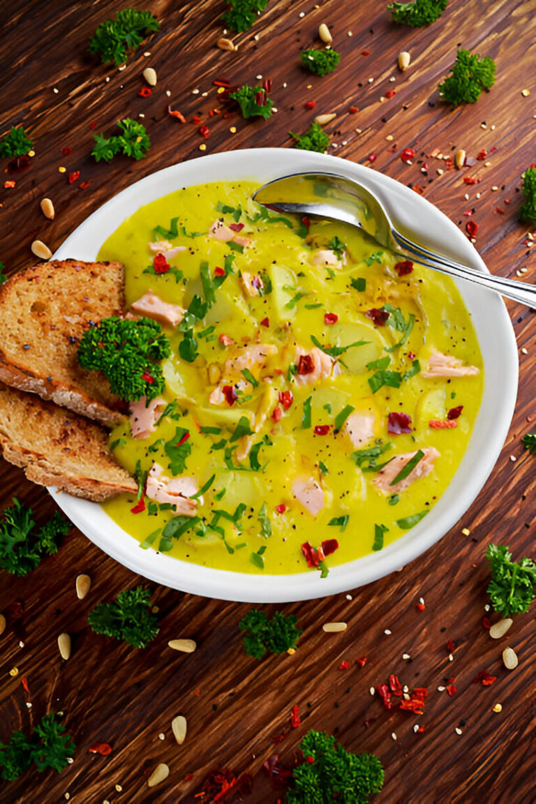 Delicious green soup with salmon and herbs served in a white bowl, accompanied by slices of toasted bread.