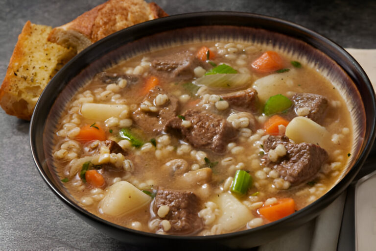 A hearty bowl of beef barley soup with chunks of meat, carrots, potatoes, and a slice of garlic bread on the side.