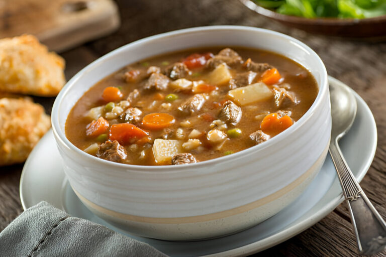 A bowl of hearty beef vegetable soup with carrots, potatoes, and peas, served with a spoon and a side of bread rolls.