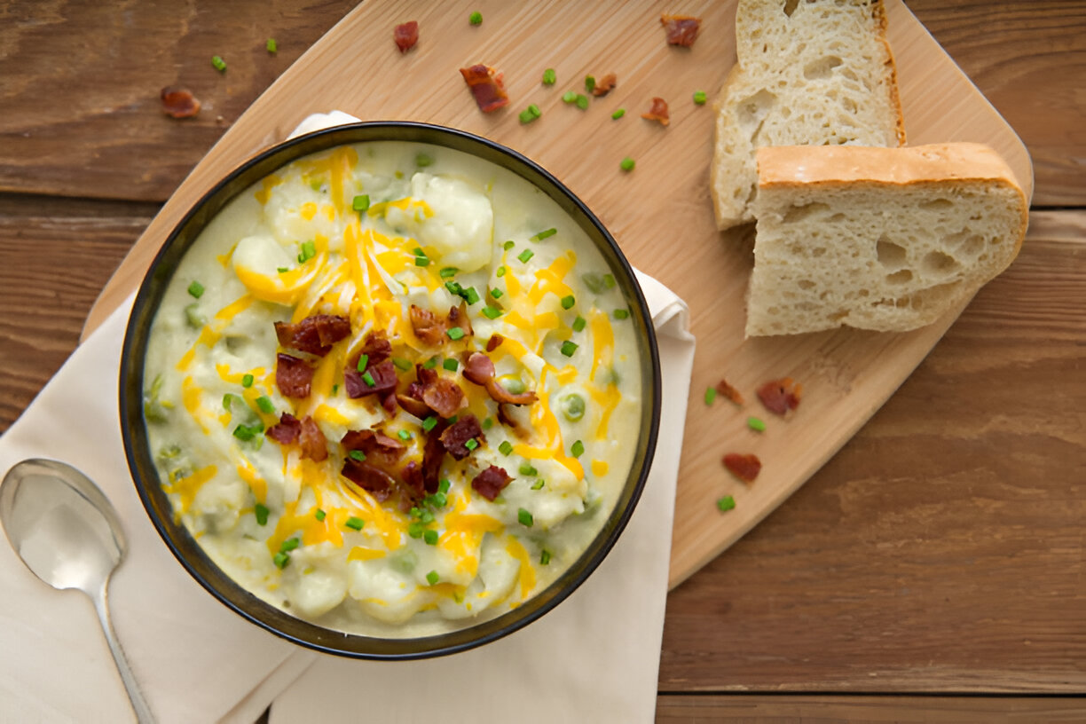 A bowl of creamy potato soup topped with shredded cheese, bacon bits, and chopped chives, served with slices of bread on a wooden cutting board.