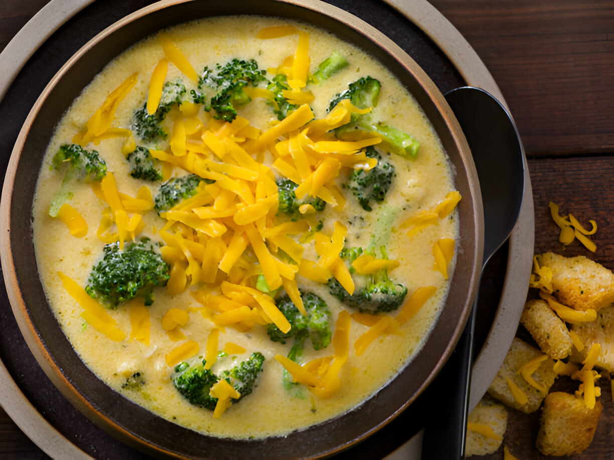 Creamy broccoli cheese soup topped with shredded cheddar cheese, served in a black bowl with a side of croutons.