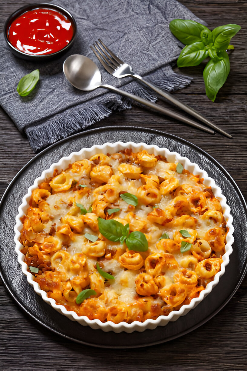 Cheesy Baked Tortellini Casserole With Meat Sauce