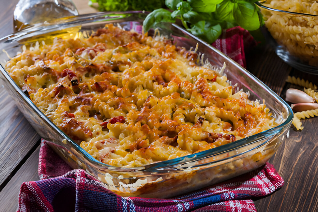 A baked pasta dish topped with melted cheese in a glass casserole dish, surrounded by fresh basil and a checkered cloth.