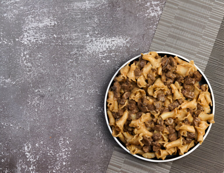 A bowl of beef pasta on a textured gray background.