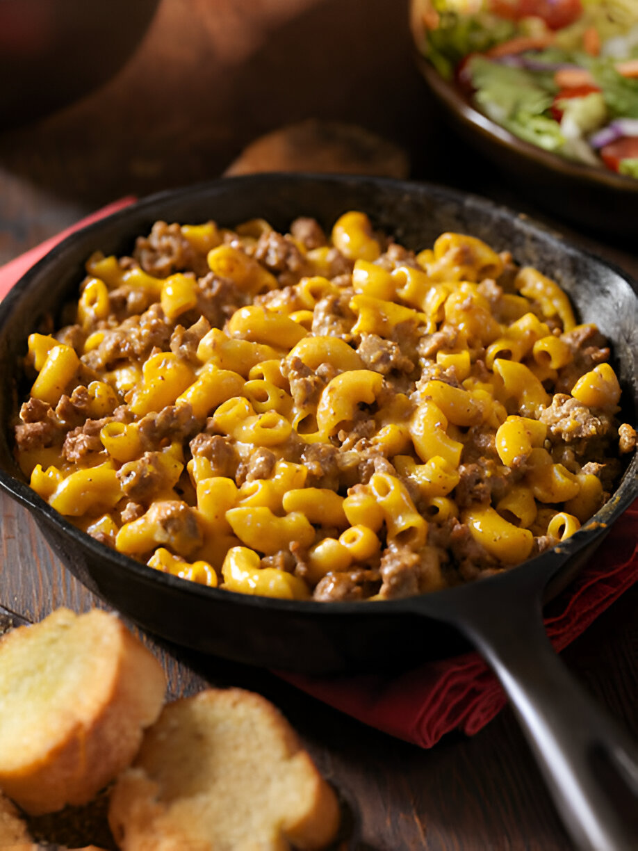 A skillet filled with cheesy mac and cheese mixed with ground beef, served with slices of bread.