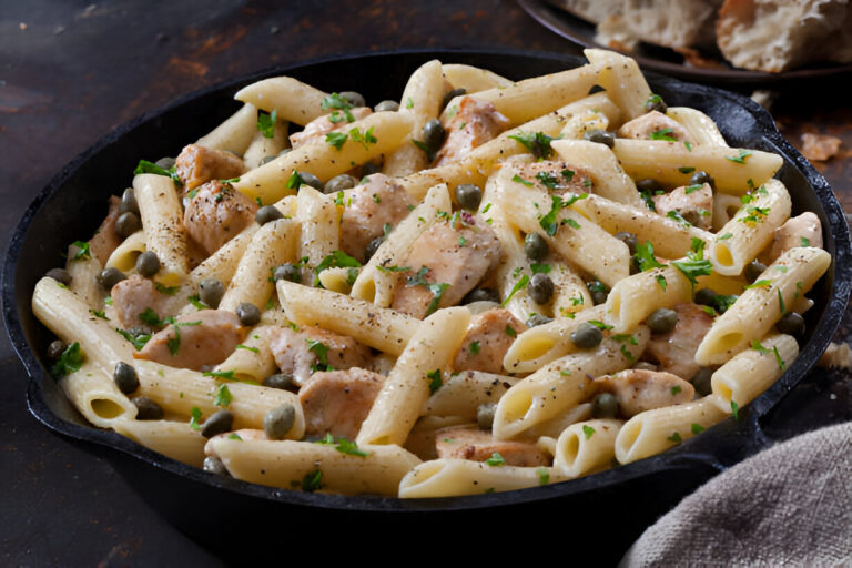 A skillet filled with creamy pasta, chicken pieces, capers, and fresh herbs.