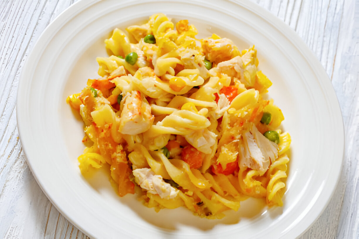 A plate of creamy pasta mixed with chicken and vegetables