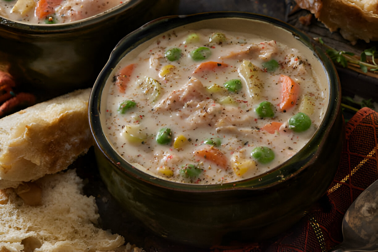 A hearty bowl of creamy chicken soup with vegetables and herbs, beside slices of bread.