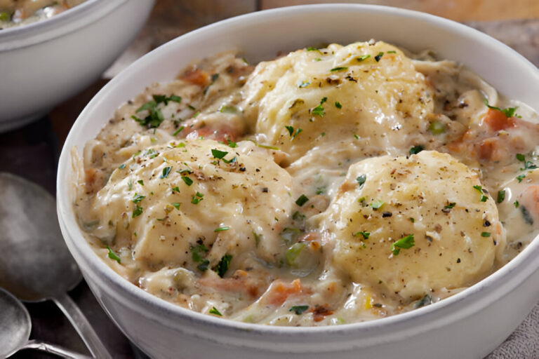 A bowl of creamy chicken and dumplings topped with parsley and spices.