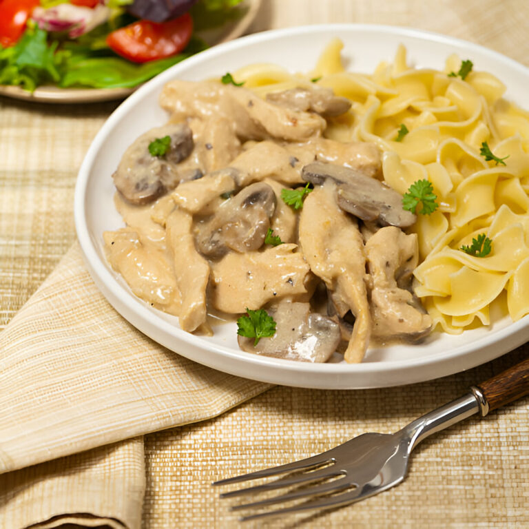 Plate of creamy chicken with mushrooms served alongside egg noodles