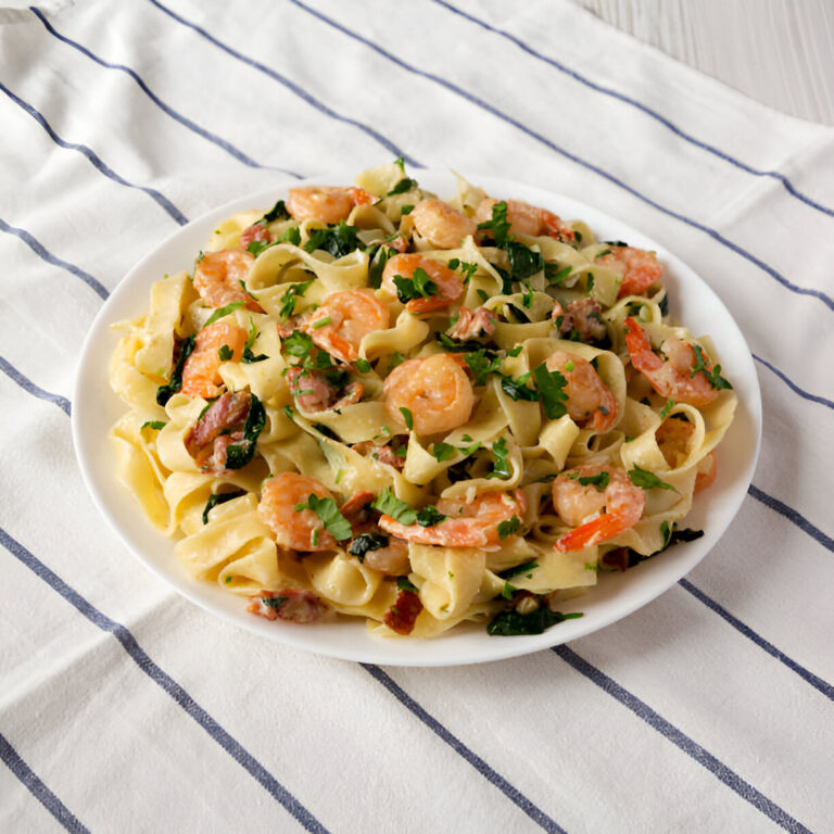 A plate of shrimp pasta with green herbs on a striped tablecloth