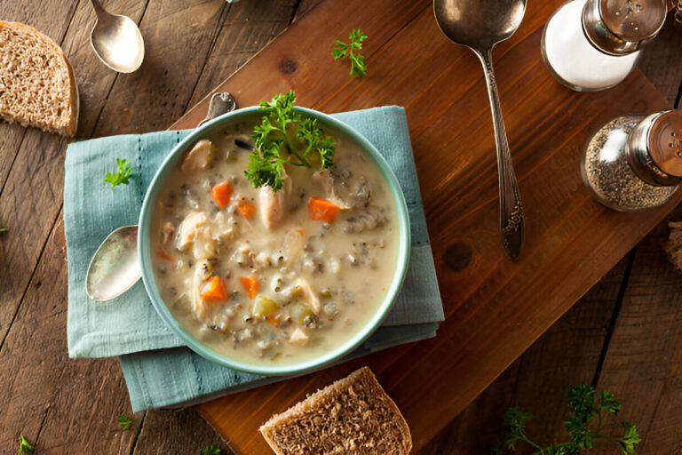 A bowl of creamy chicken and vegetable soup garnished with parsley, served on a wooden table with a slice of bread.