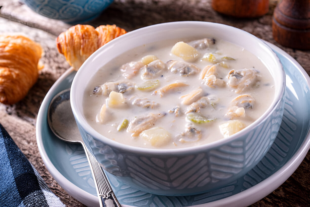 A bowl of creamy seafood chowder with potatoes and vegetables, served with a spoon and paired with croissants.