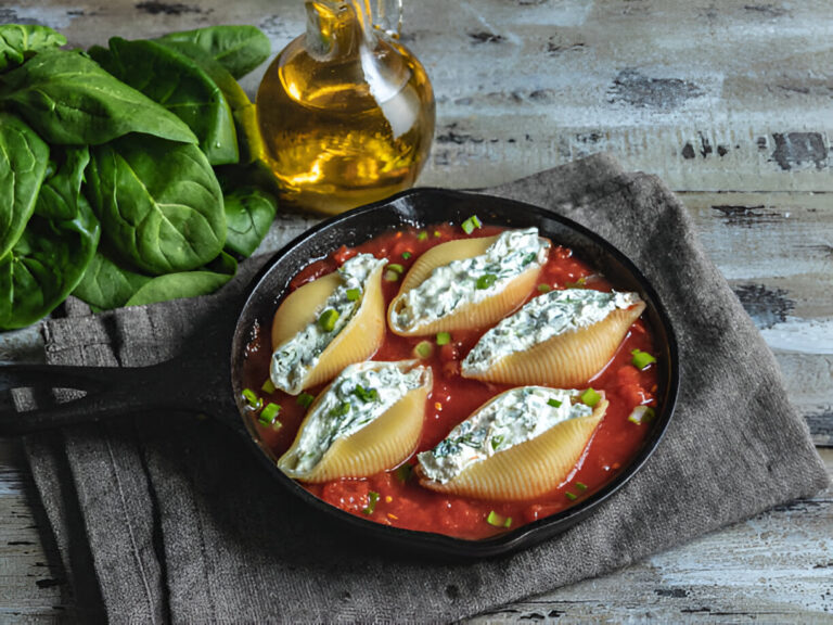 Stuffed pasta shells filled with ricotta and spinach in tomato sauce, garnished with green onions, served in a cast iron skillet.