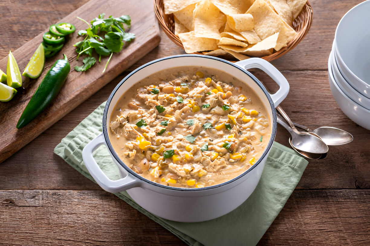 A pot of creamy chicken chili topped with cilantro and corn, served alongside tortilla chips and fresh toppings including lime, jalapeño, and cilantro.