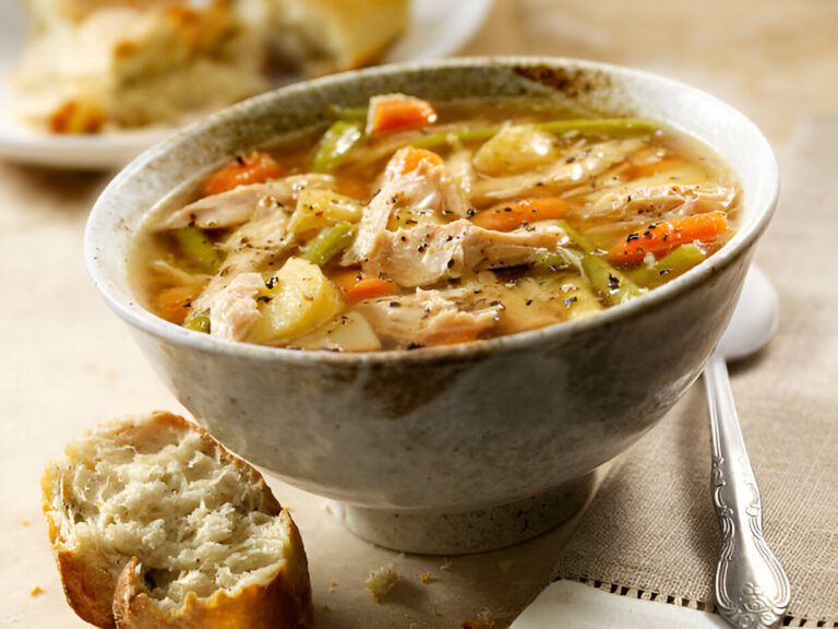 A bowl of chicken vegetable soup with pieces of chicken and colorful vegetables, accompanied by a piece of bread.