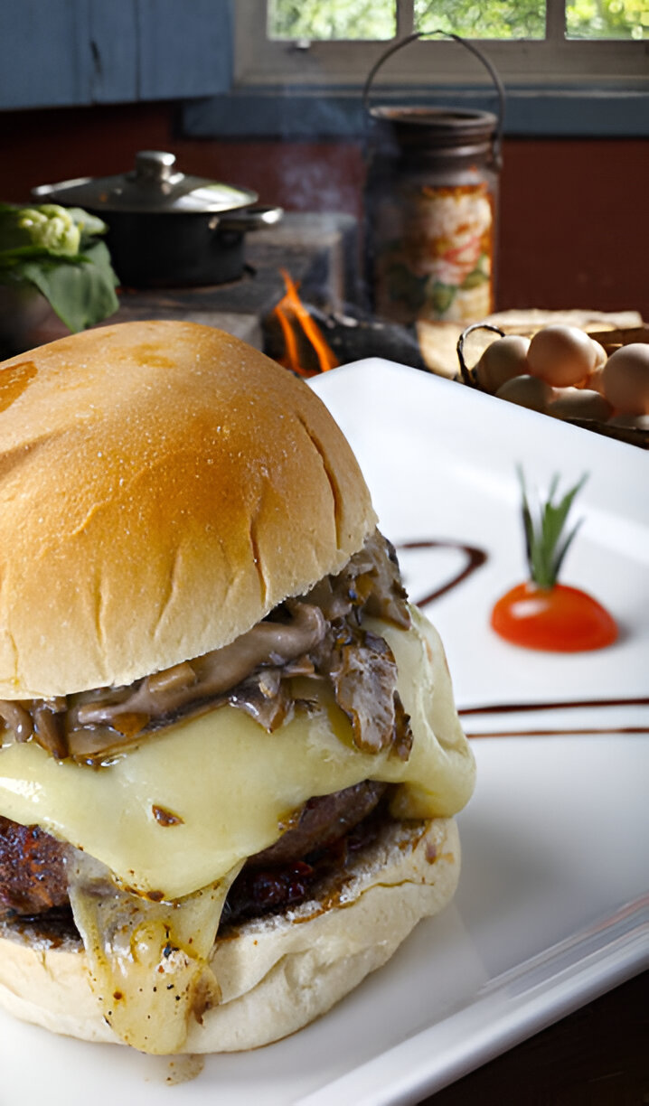 A delicious cheeseburger with melted cheese and mushrooms on a white plate.