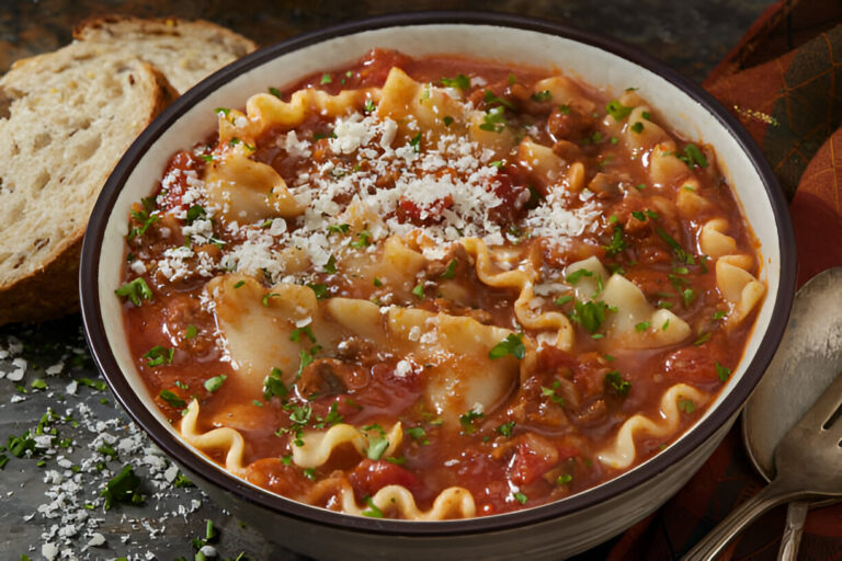 A bowl of hearty pasta with meat sauce topped with cheese and fresh herbs, accompanied by slices of bread.