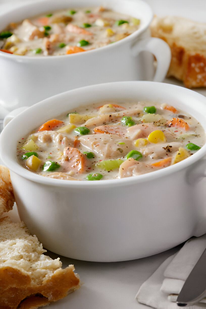 Two bowls of creamy chicken vegetable soup with colorful vegetables and a slice of bread on the side.