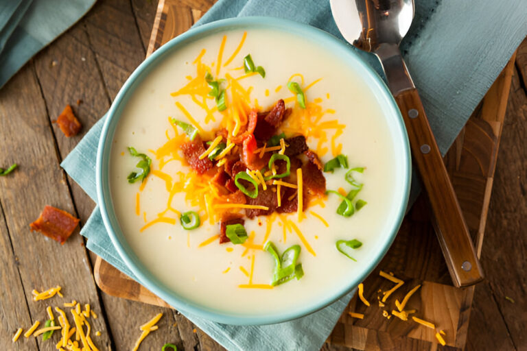 A bowl of creamy soup topped with cheese, bacon, and green onions, placed on a wooden surface.