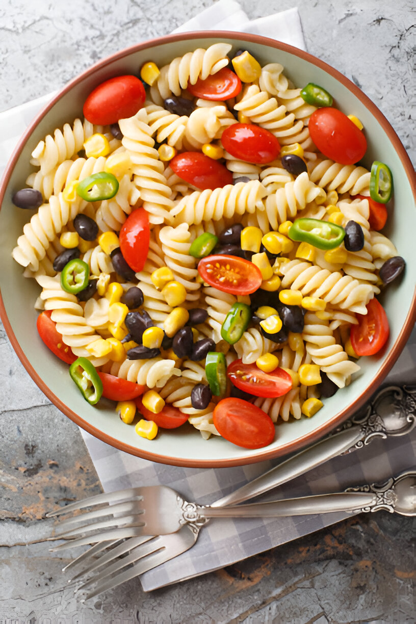 A colorful bowl of pasta salad featuring rotini pasta mixed with cherry tomatoes, black beans, corn, and sliced green peppers.