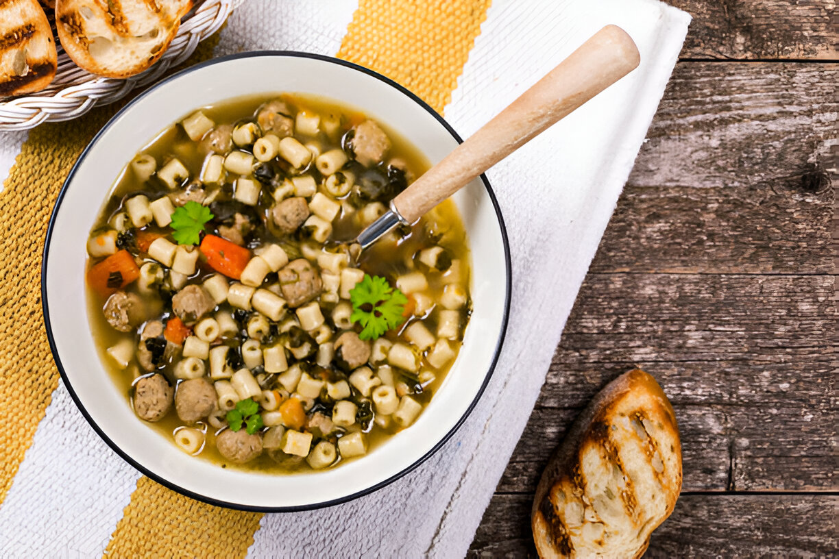 A bowl of hearty soup with small pasta, meatballs, and vegetables, served with a slice of toasted bread.