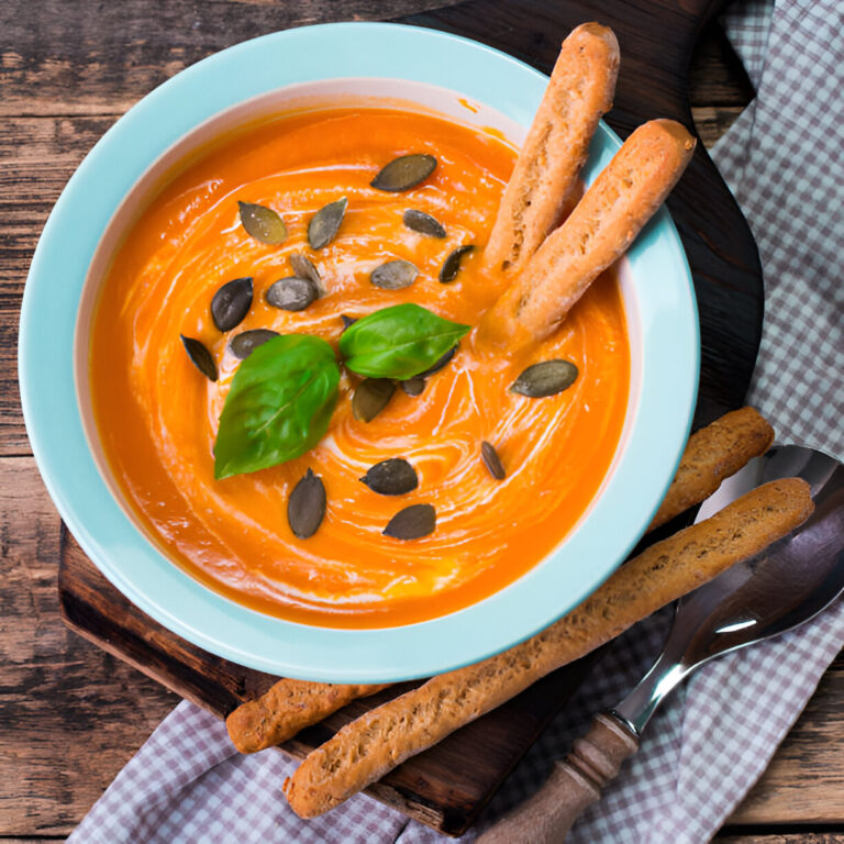 A bowl of creamy orange soup topped with seeds and fresh basil, accompanied by crunchy breadsticks.