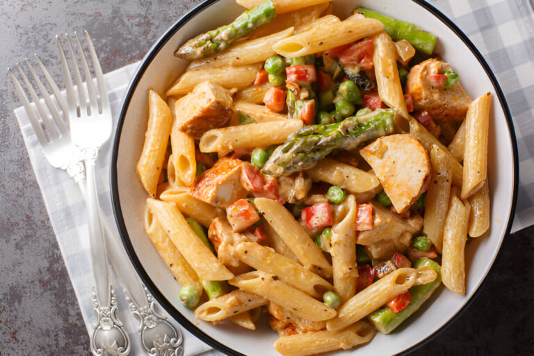 A bowl of creamy pasta with chicken, asparagus, peas, and bell peppers.