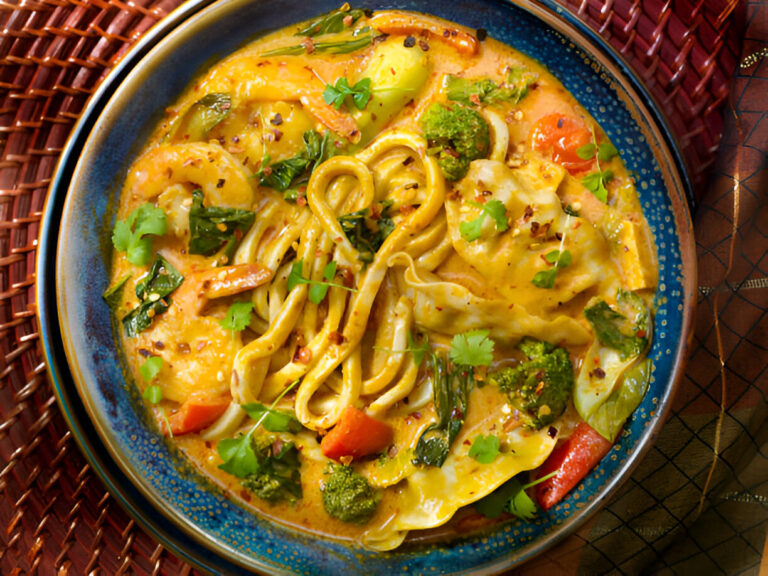 A vibrant bowl of pasta with shrimp, vegetables, and herbs in a creamy sauce.