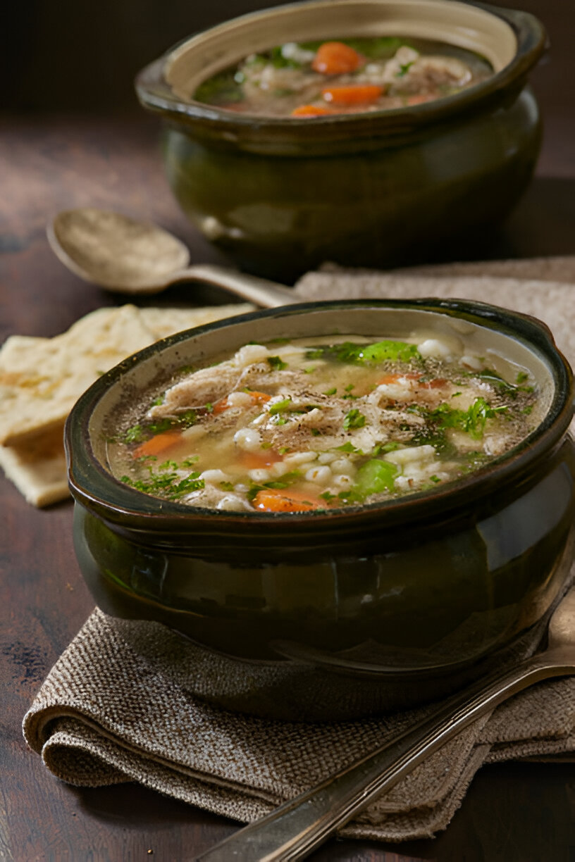 A delicious bowl of soup with vegetables and herbs served in a rustic pottery bowl.