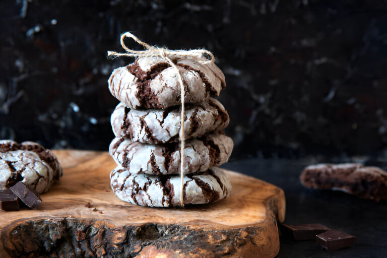 A stack of four chocolate crinkle cookies tied together with twine, placed on a wooden board with chocolate chunks beside them.