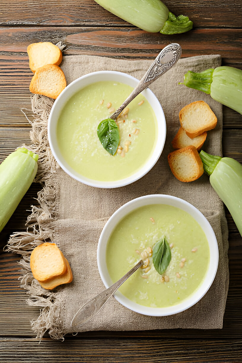 Two bowls of creamy green soup garnished with basil leaves and pine nuts, surrounded by pieces of crusty bread and fresh vegetables.