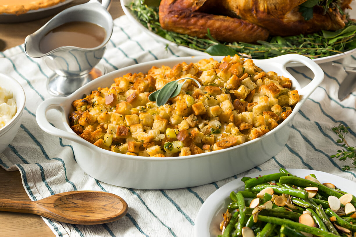 A beautifully arranged Thanksgiving meal featuring savory stuffing, green beans with almonds, creamy mashed potatoes, a turkey with herbs, and gravy in a silver pitcher.