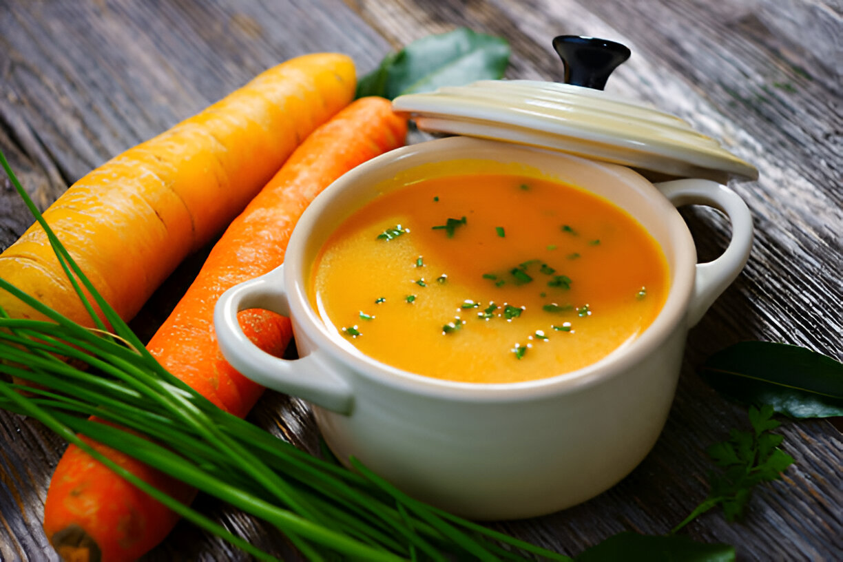 A bowl of orange soup garnished with chopped herbs, surrounded by fresh carrots and chives.