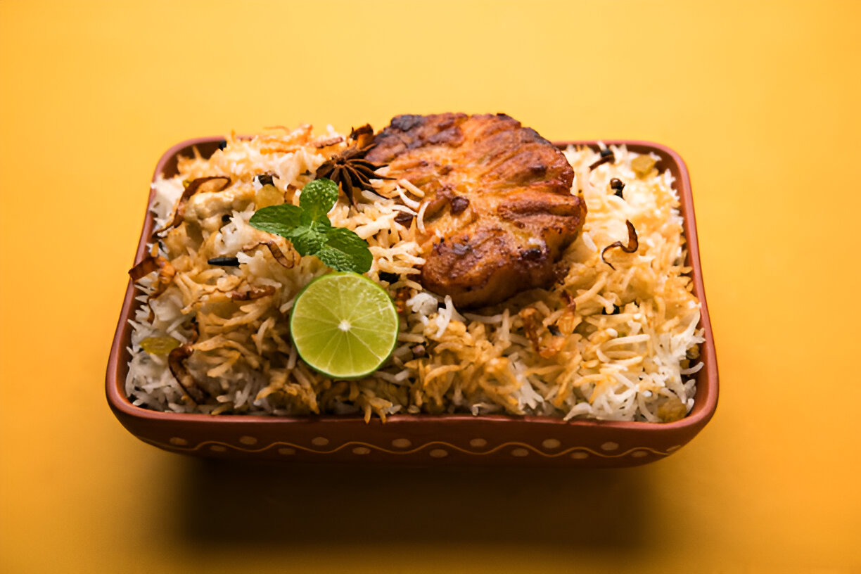 A plate of flavorful biryani topped with grilled meat, garnished with fresh mint and lime slices, against a vibrant yellow background.