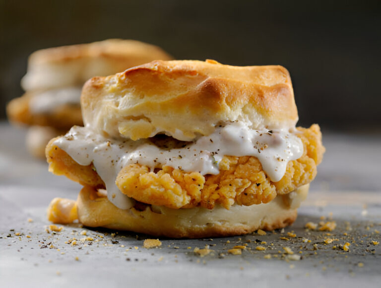 A freshly made chicken biscuit sandwich with creamy sauce dripping out, placed on a rustic surface.