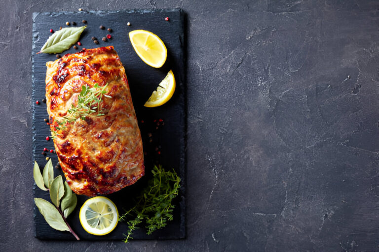 A freshly cooked meatloaf garnished with lemon slices and herbs on a dark slate platter.