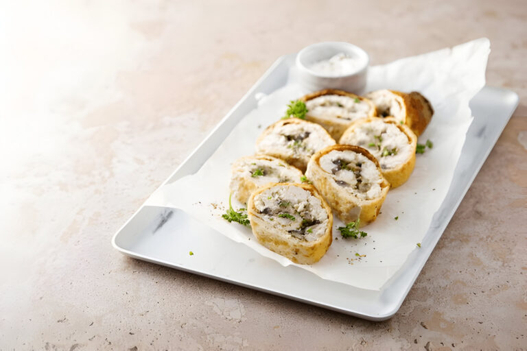 A close-up of sliced rolls filled with meat and herbs, garnished with parsley, served on a white plate with a small bowl of sauce.