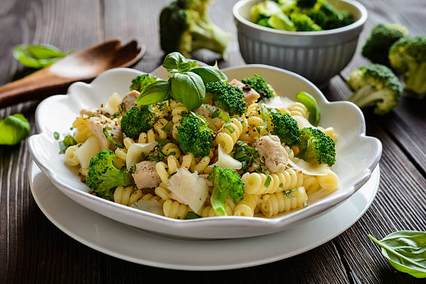 A plate of pasta with broccoli and chicken garnished with fresh basil, served on a wooden table.