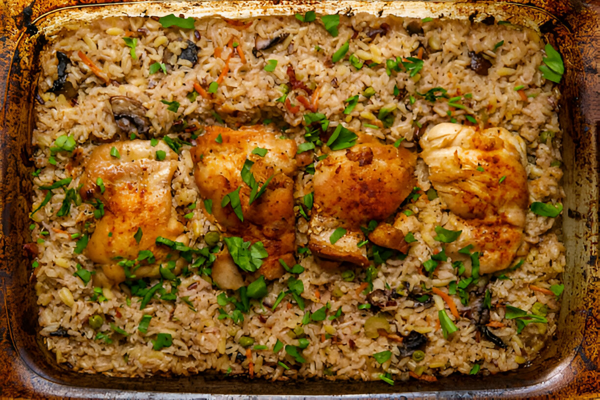 Baked chicken thighs on a bed of seasoned rice with herbs