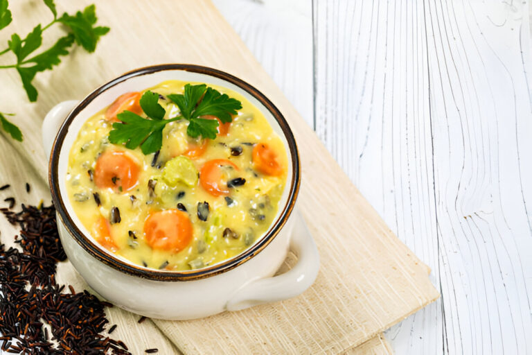 A creamy vegetable soup with carrots and herbs garnished with parsley in a white bowl on a wooden surface.