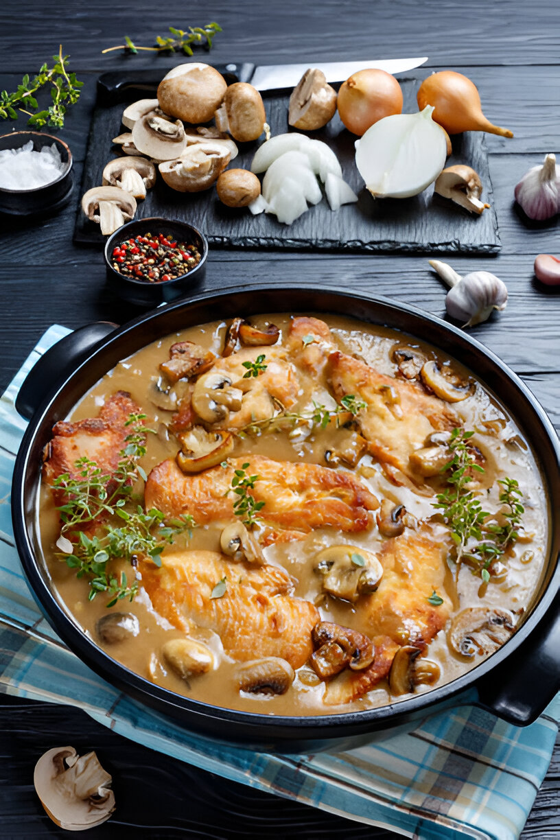 A delicious plate of chicken in a creamy mushroom sauce, garnished with fresh thyme and accompanied by garlic, onions, and a variety of mushrooms.