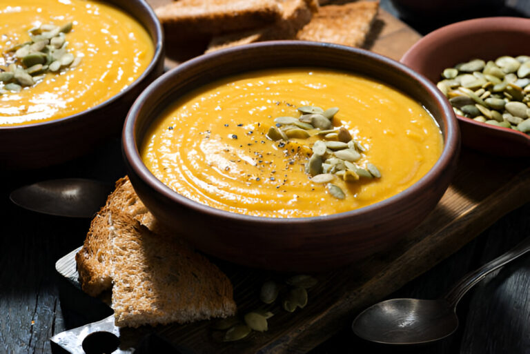 Two bowls of vibrant orange soup garnished with pumpkin seeds and black pepper, accompanied by slices of toasted bread on a wooden serving board.