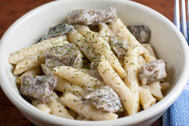 A bowl of creamy pasta with pieces of meat and herbs sprinkled on top.