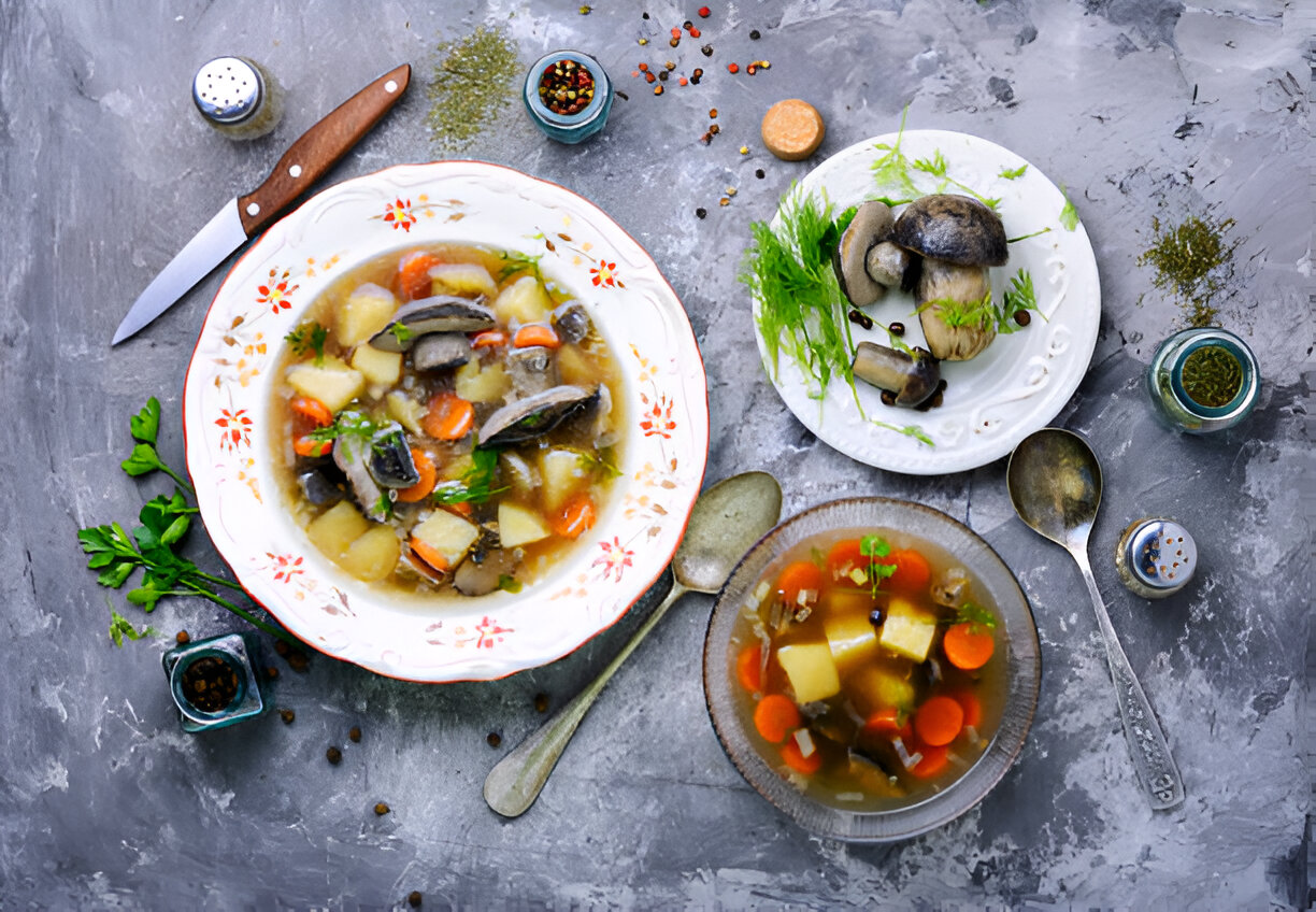 A colorful mushroom soup served in a decorative bowl, alongside a plate of fresh mushrooms and scattered herbs and spices on a textured gray surface.