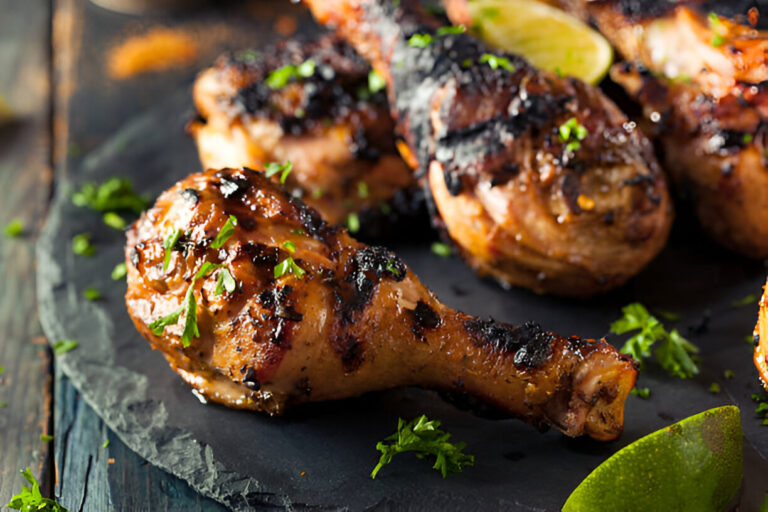 Grilled chicken drumsticks garnished with herbs and lime slices on a slate platter.