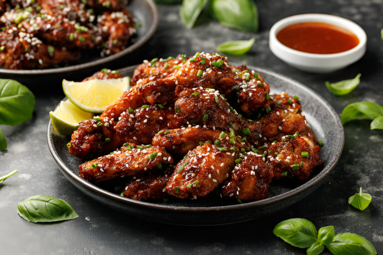 A plate of crispy, glazed chicken wings garnished with sesame seeds and green onions, with lime wedges and a small bowl of dipping sauce.