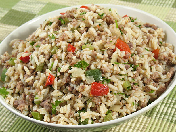 Bowl of rice mixed with ground meat and vegetables