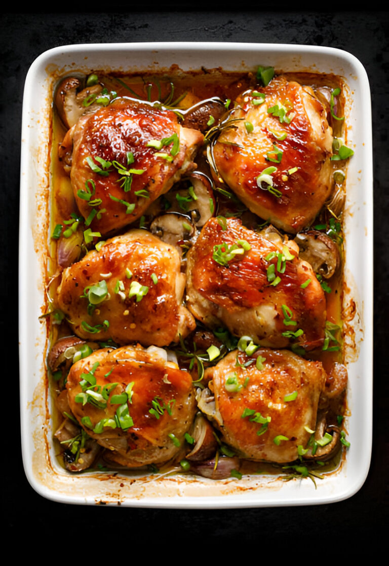 A dish of roasted chicken thighs garnished with green onions